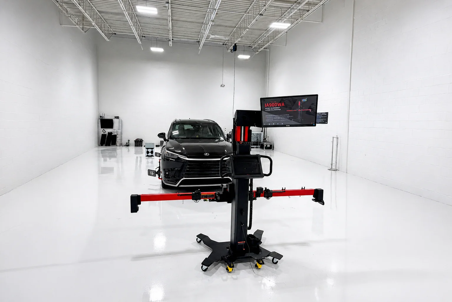 Vehicle positioned for ADAS calibration with alignment system in a controlled clean environment