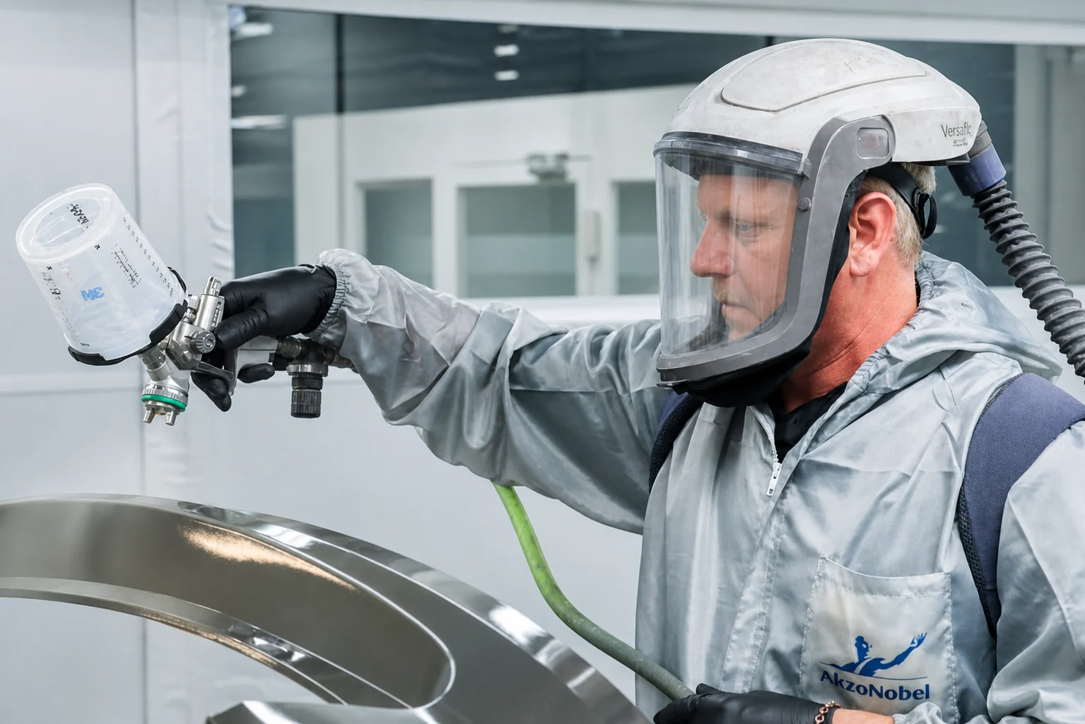 Automotive paint technician applying coating to vehicle panel at DCR Systems Mentor